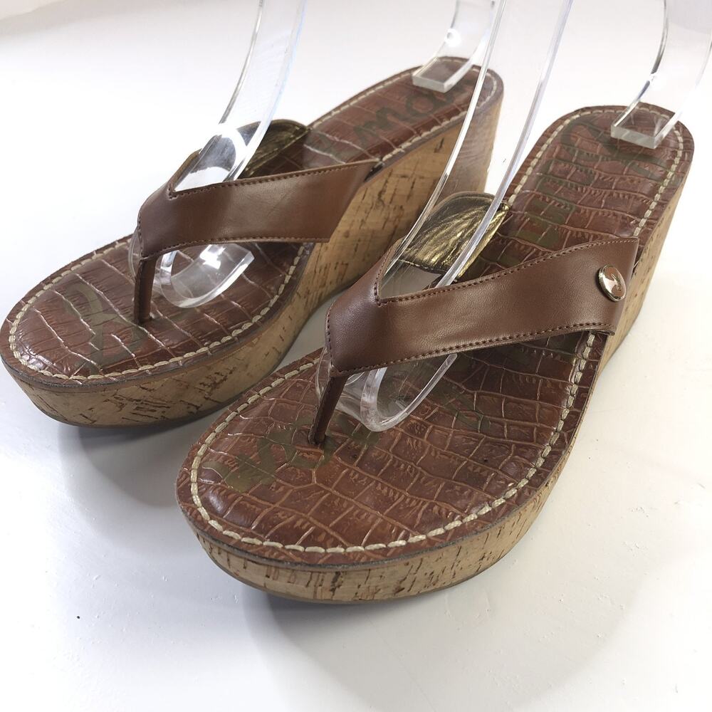 Sam Edelman 9.5M "Romy" Patent Leather Thong Cork Platform Sandals Brown